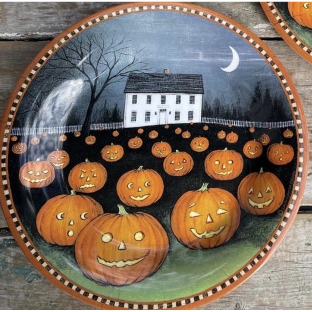 Sakura‎ Halloween Plate Set 2 Pumpkin Patch Spooky Farm 2002 Melamine 9" Vintage